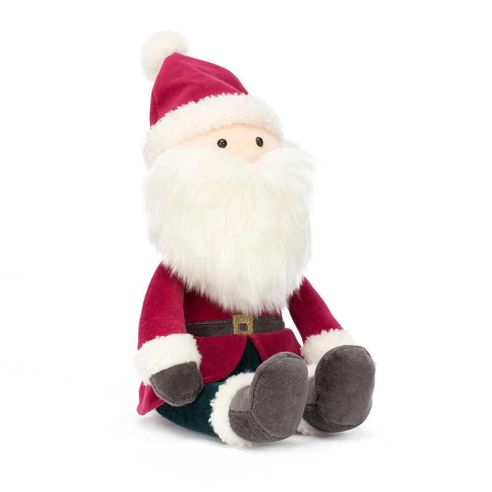 Jellycat Santa Claus Jolly Santa, plush figure with a red velvet coat, a white beard and pointed hat, front view
