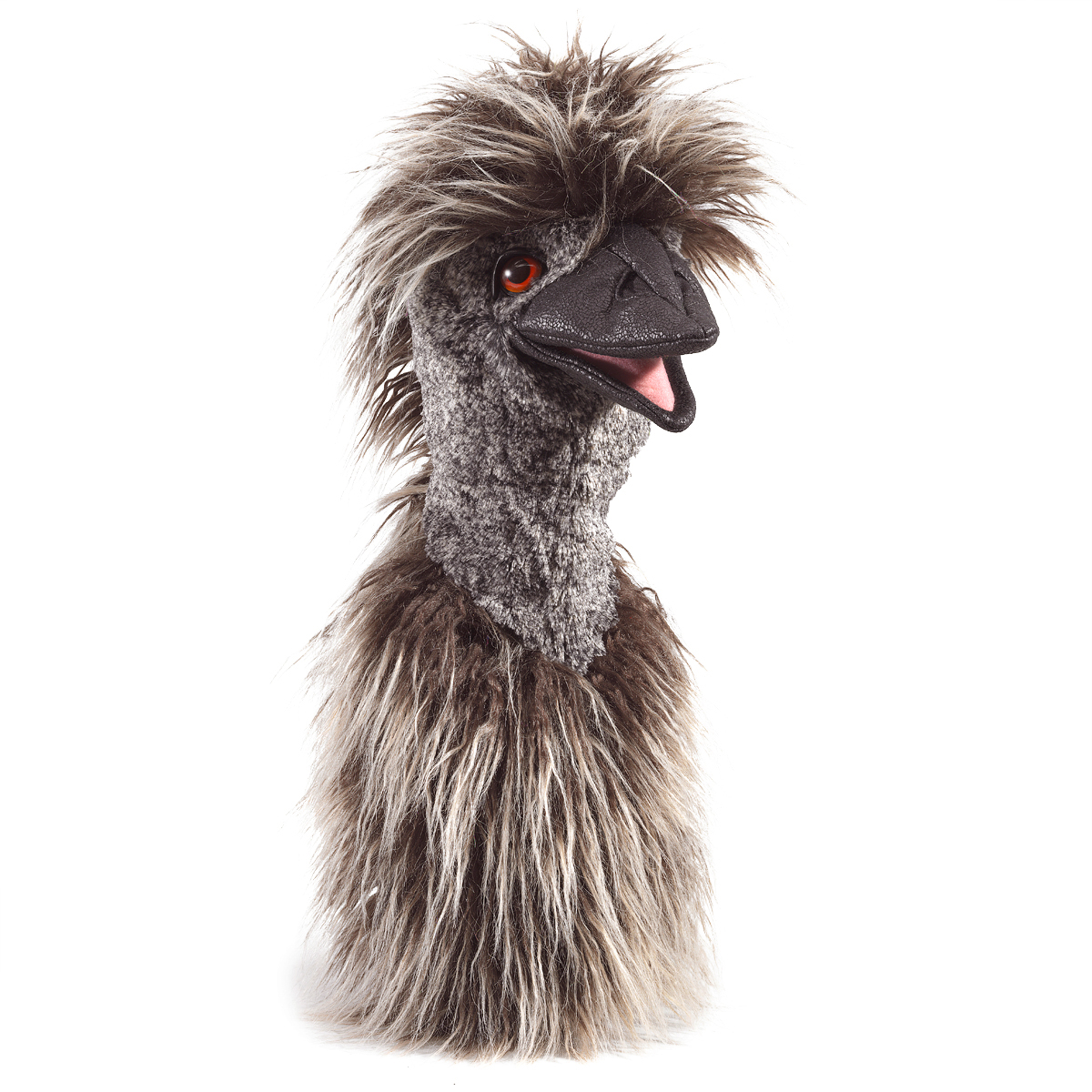 Folkmanis emu hand puppet with ruffled grey-brown plumage, open beak and red eyes, shown from an angle