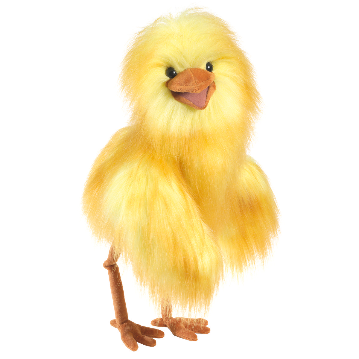 Folkmanis Funny Bird hand puppet as a yellow chick with fluffy fur, orange beak and brown little legs in angled view