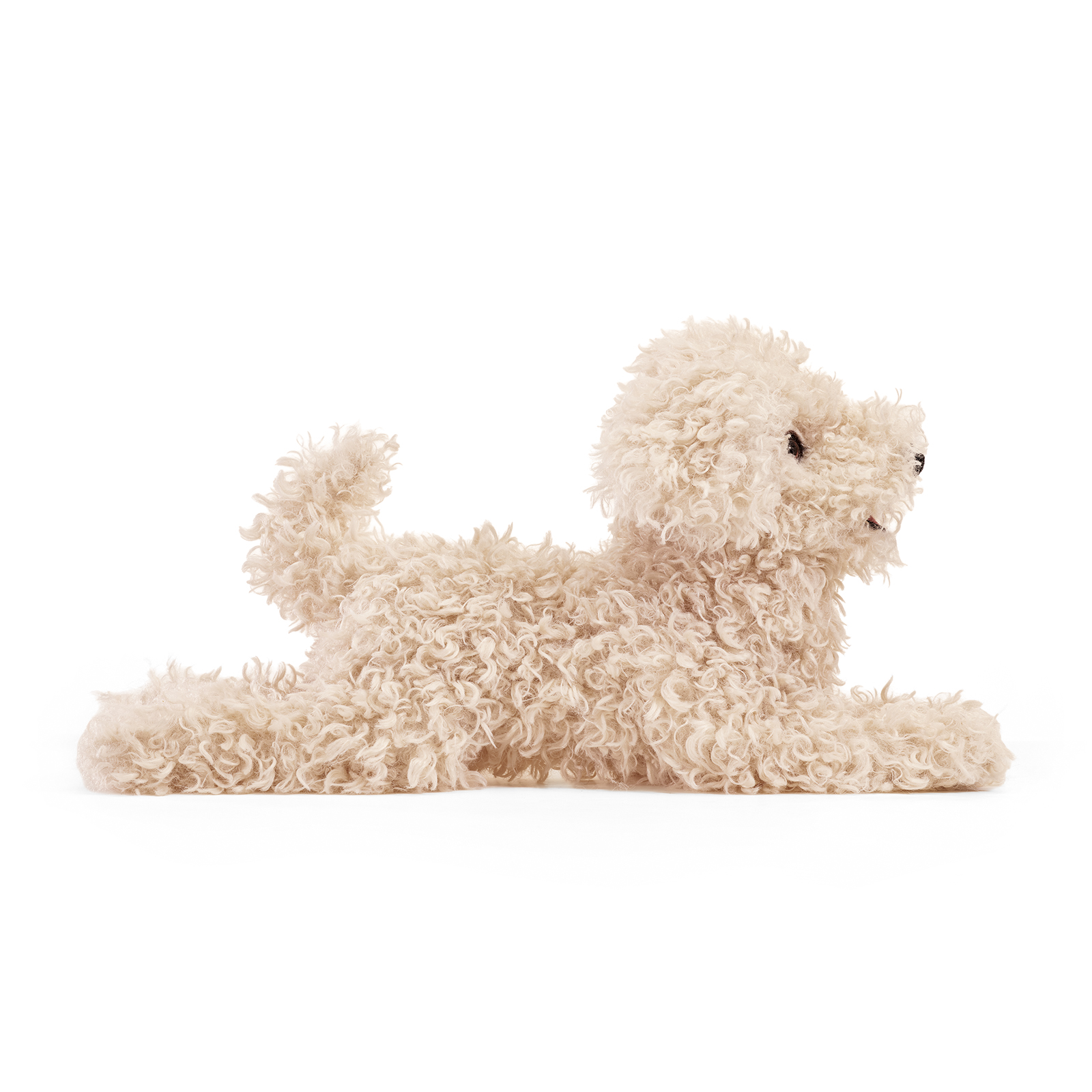 Folkmanis hand puppet poodle puppy in creamy white with curly fur, lying down shown from the side