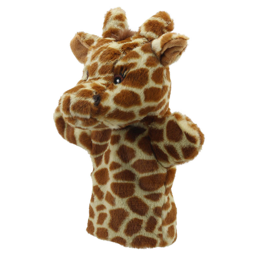 The Puppet Company baby hand puppet giraffe, close-up showing brown and beige patterned fur