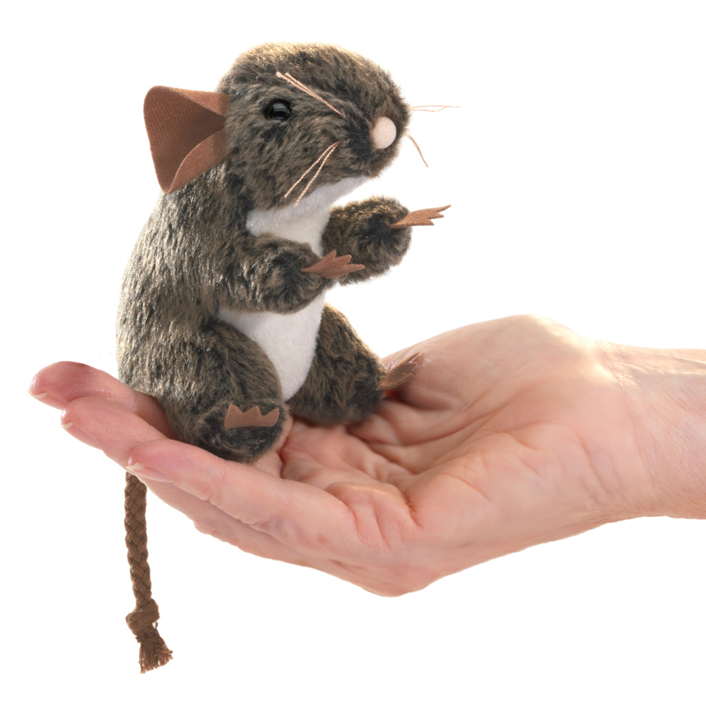 Folkmanis mini field mouse finger puppet with brown fur and braided tail, sitting on a palm, side view