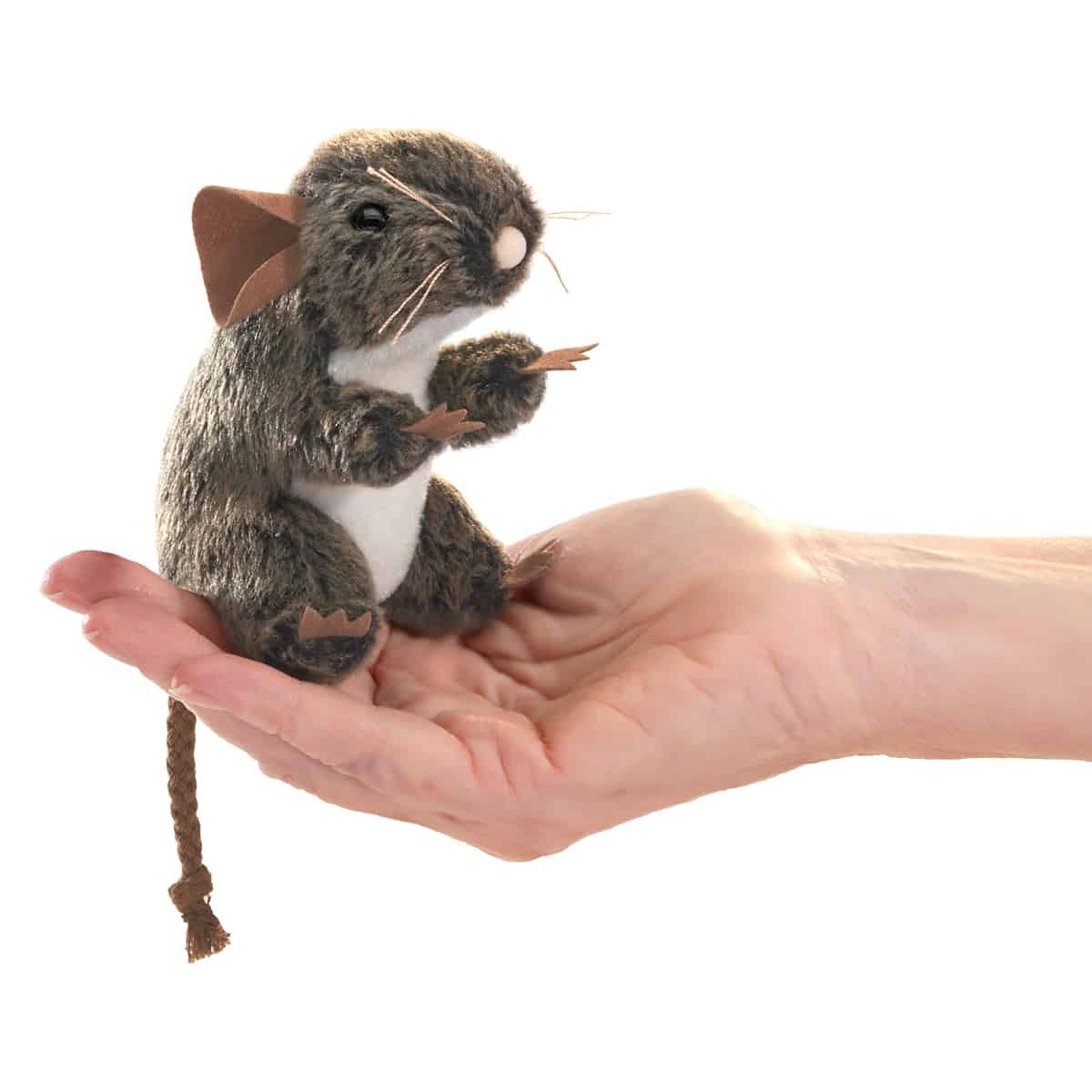 Folkmanis mini field mouse finger puppet with brown fur and braided tail, sitting on a palm, side view