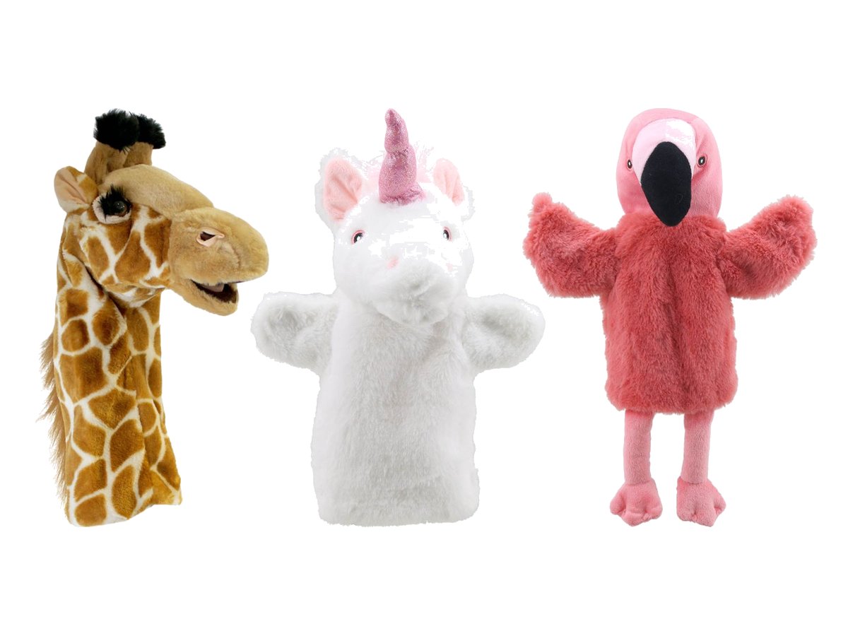 The Puppet Company hand puppets: long giraffe hand puppet, unicorn and flamingo