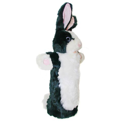 The Puppet Company baby hand puppet rabbit, black and white rabbit puppet with long ears, side view