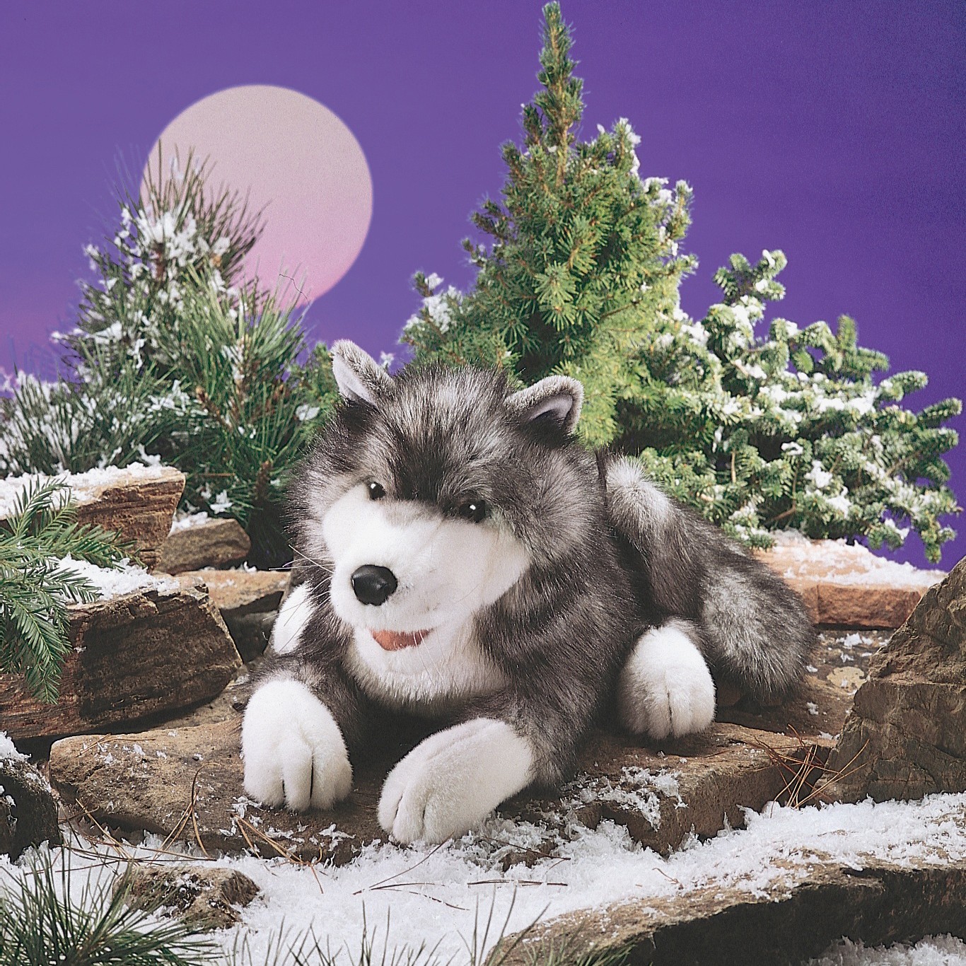 Folkmanis hand puppet timber wolf in grey and white, lying on rocks against a snowy winter backdrop with a moon disc