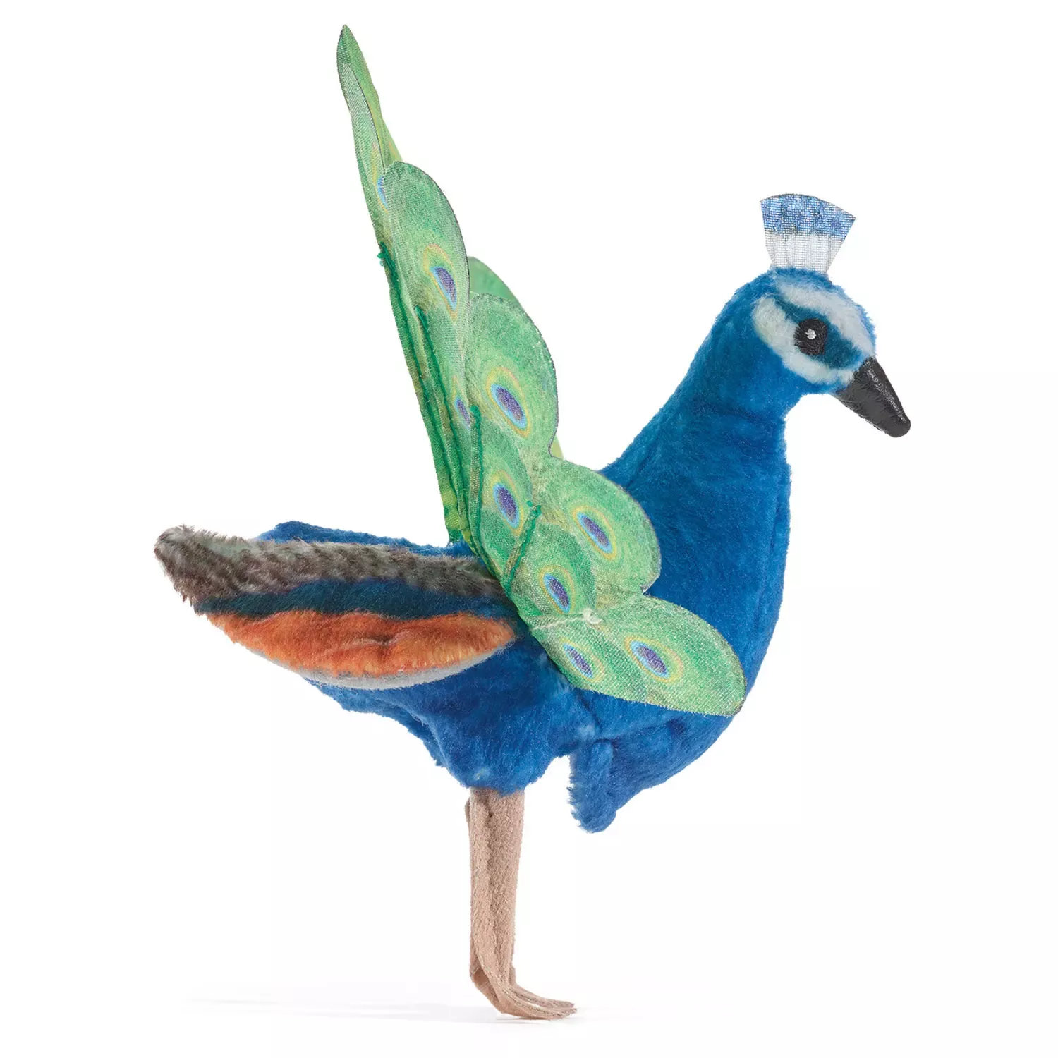 Folkmanis mini peacock finger puppet in vivid blue with green-patterned fabric tail feathers, side view