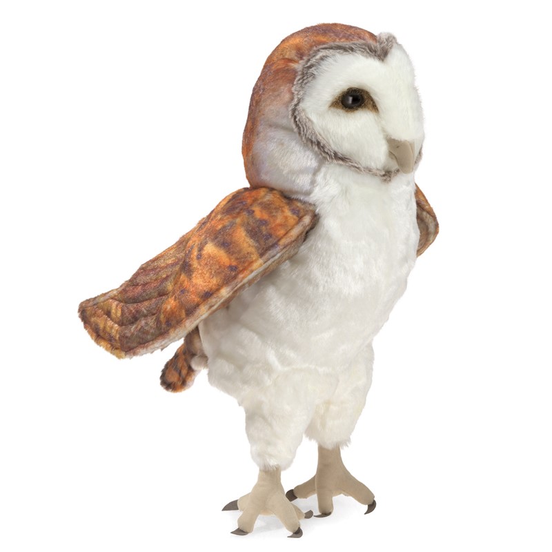 Folkmanis barn owl hand puppet with white belly, rust-brown plumage and heart-shaped face, one wing slightly extended