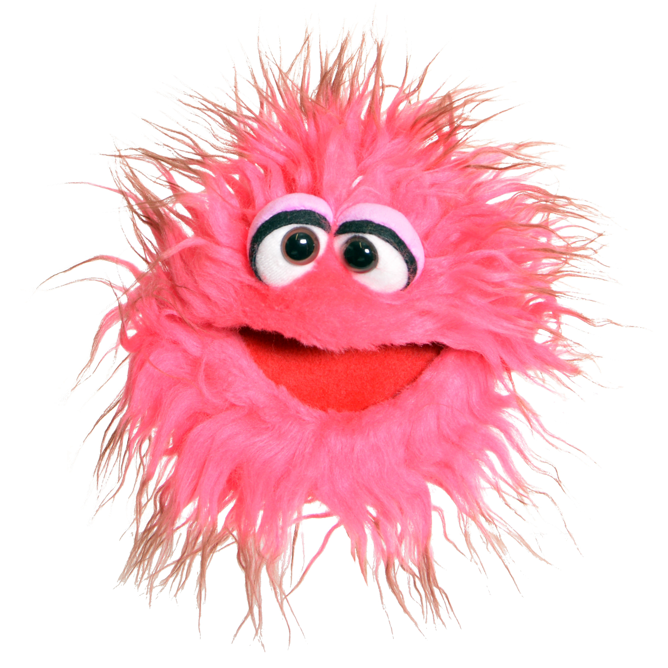 Living Puppets hand puppet Knups, pink shaggy monster with brownish fur tips and an open red mouth, front view