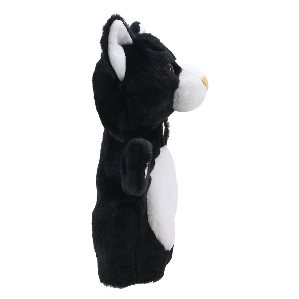 The Puppet Company baby hand puppet cat, black and white cat with a white belly, right side view