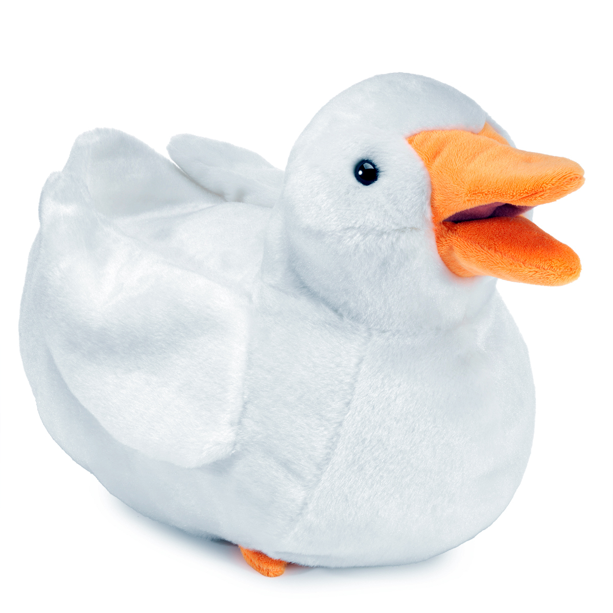 Folkmanis duck hand puppet in white with an orange beak and movable mouth, shown from a slight angle