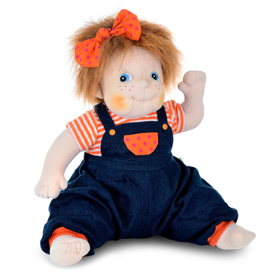 Rubens Barn Original doll Anna with freckles, orange hair bow and denim dungarees