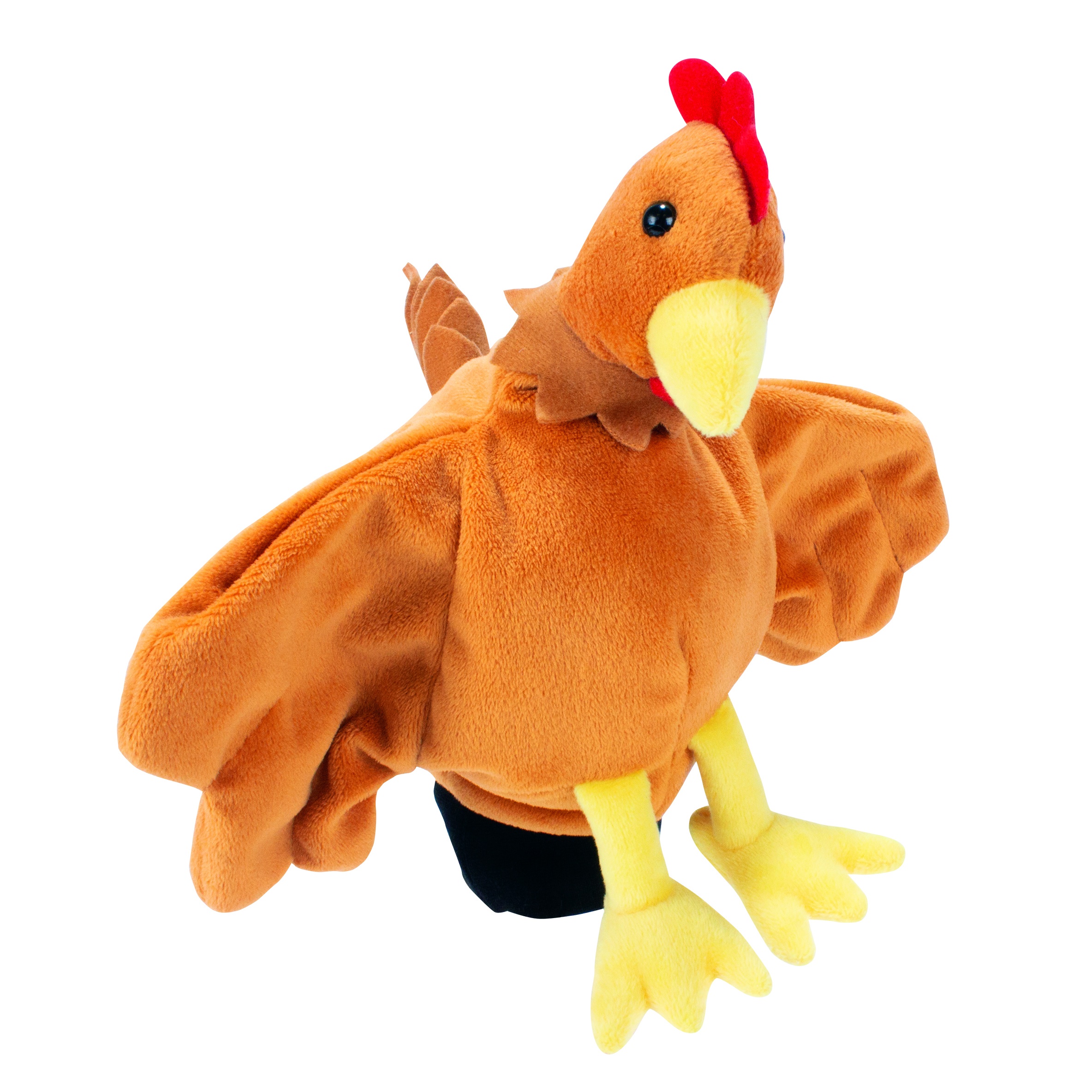 Beleduc hand puppet hen with brown plumage, a red comb and yellow legs, outstretched wings