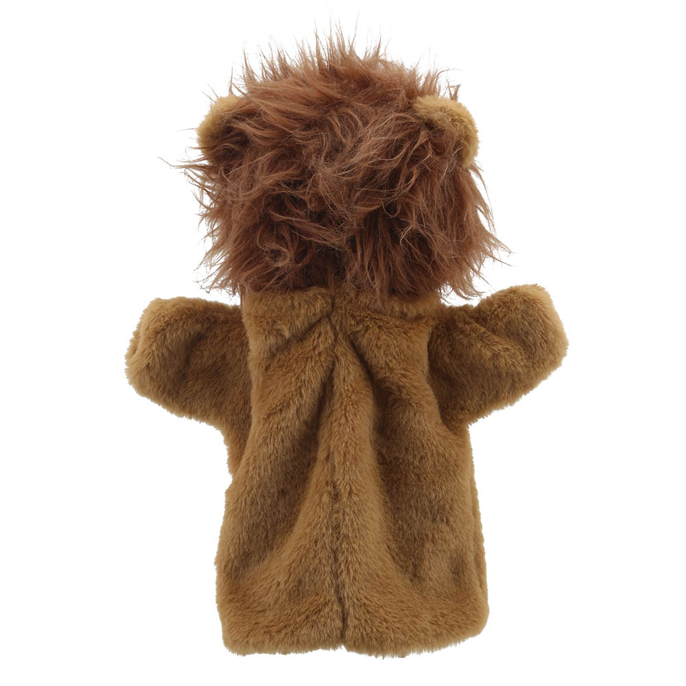 The Puppet Company baby hand puppet lion, brown puppet seen from behind with a shaggy mane, back view