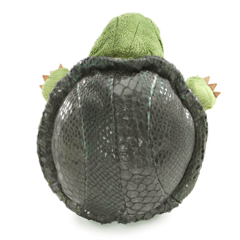 Folkmanis Little Turtle hand puppet seen from behind with a dark patterned shell and green plush head