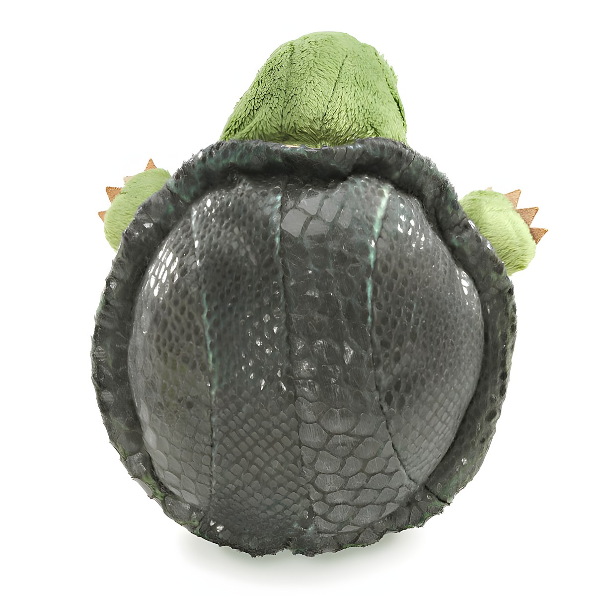 Folkmanis Little Turtle hand puppet seen from behind with a dark patterned shell and green plush head