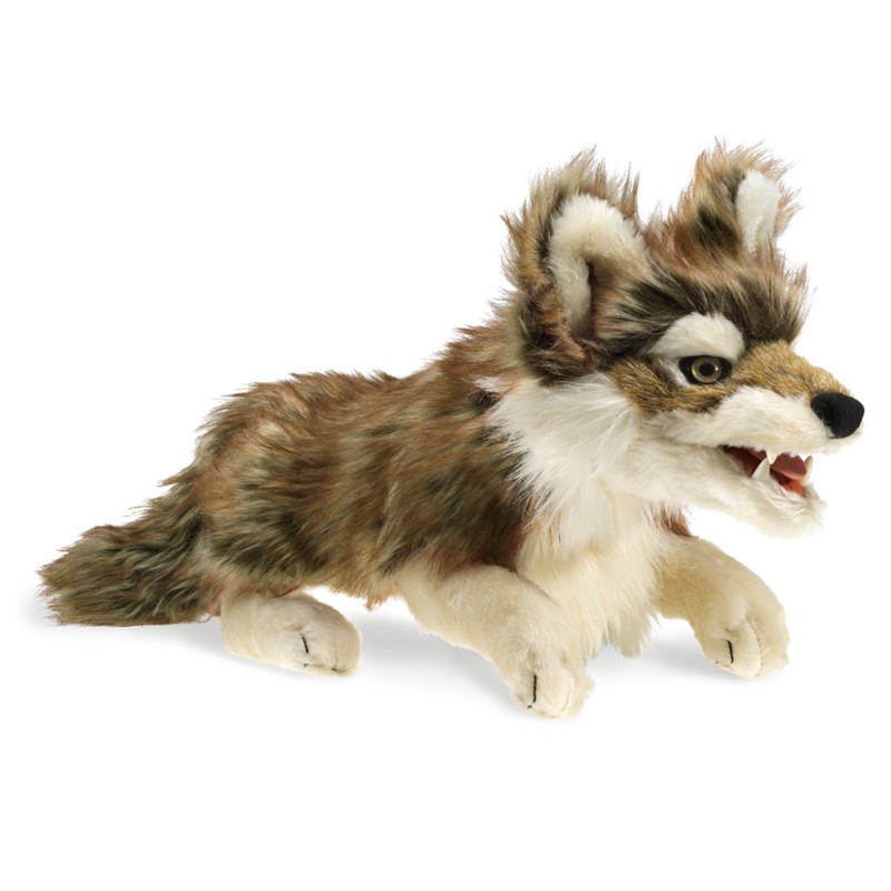 Folkmanis grey wolf hand puppet with brown-grey fur, open mouth and teeth, lying down in side view