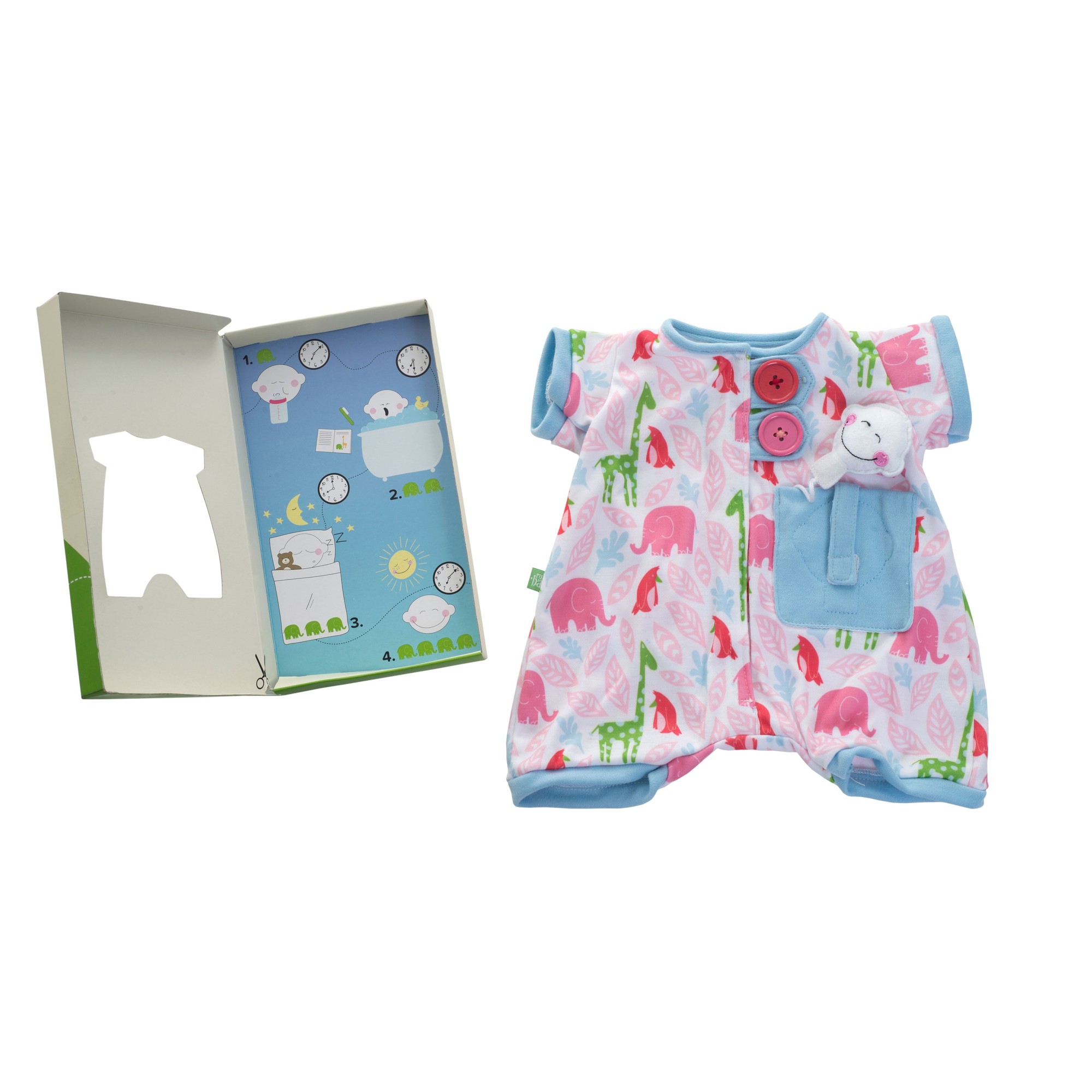 Pocket Friends pyjamas in pink by Rubens Barn with pocket animal next to the gift box