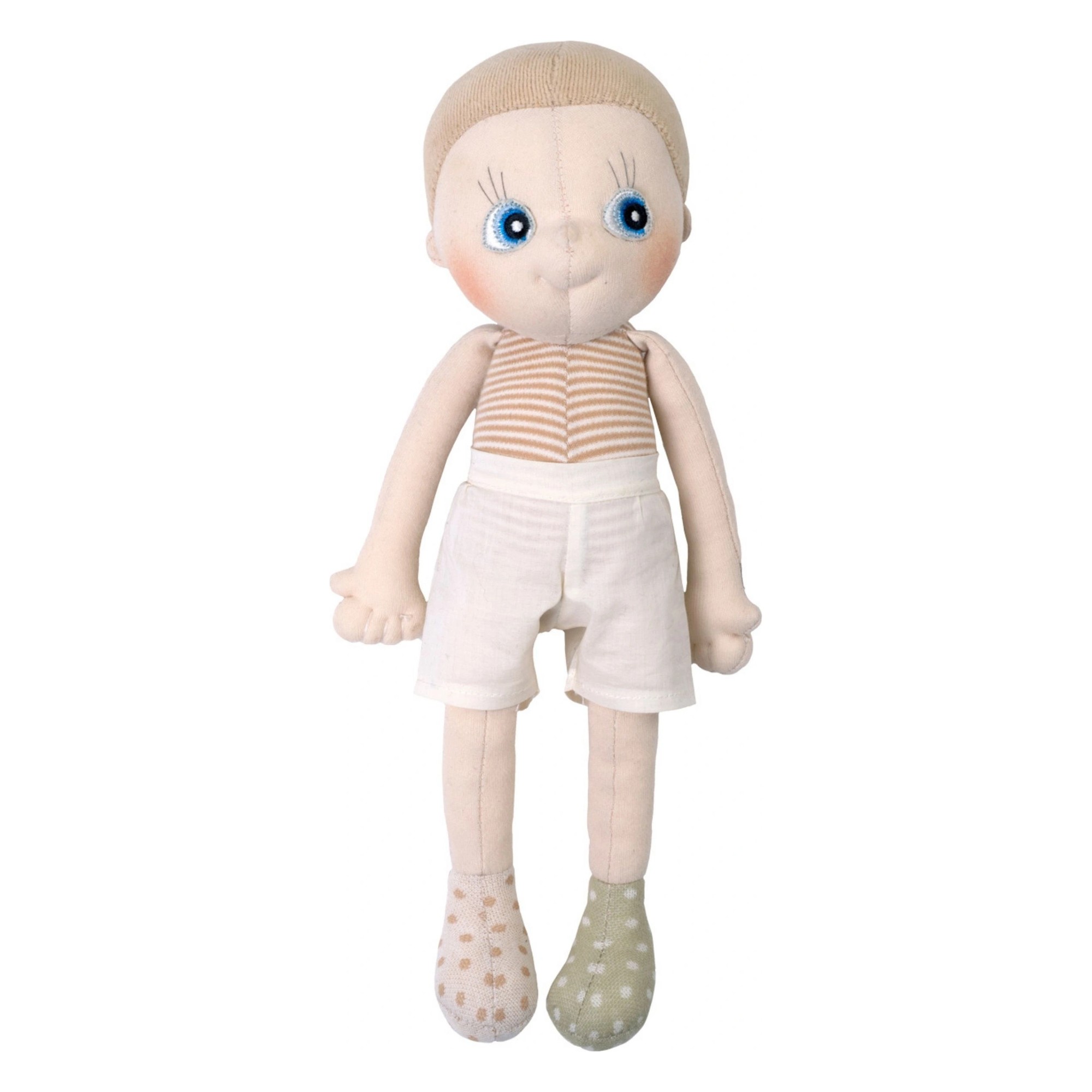 Rubens EcoBuds doll Aspen with light hair, striped top, white shorts and patterned booties