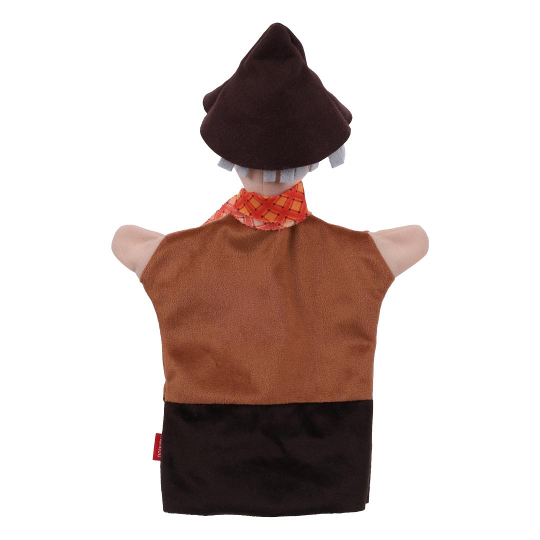 Robber hand puppet by munabo, rear view of the brown hat over grey hair.
