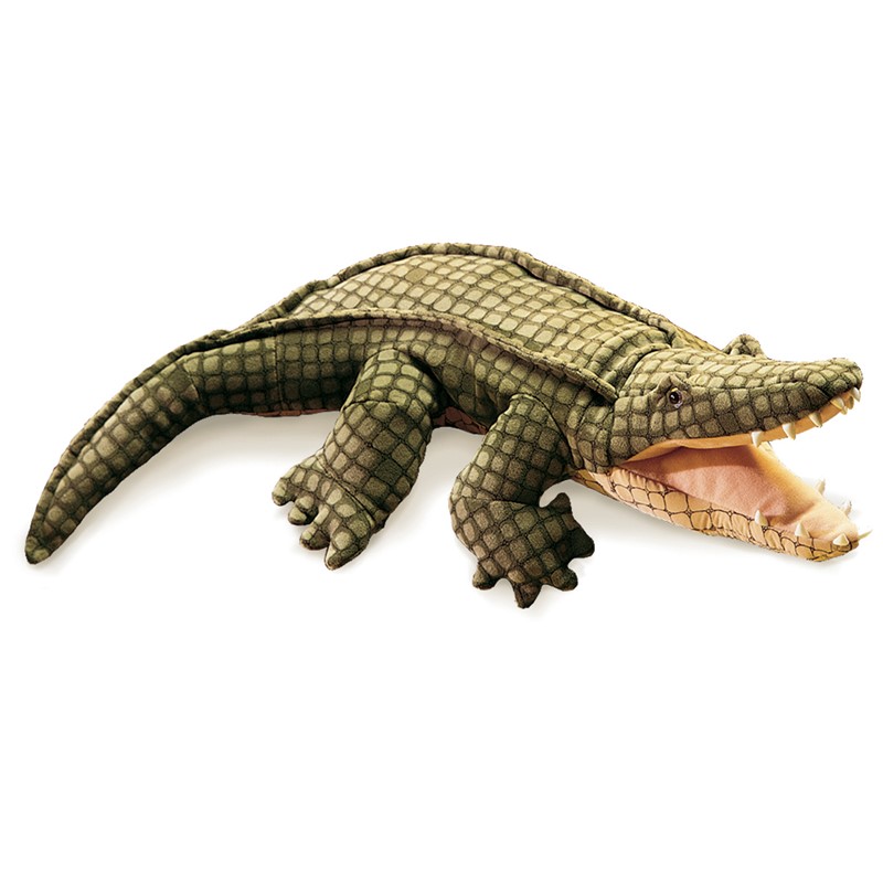 Folkmanis alligator hand puppet in olive green with detailed scale texture and wide open mouth, side view