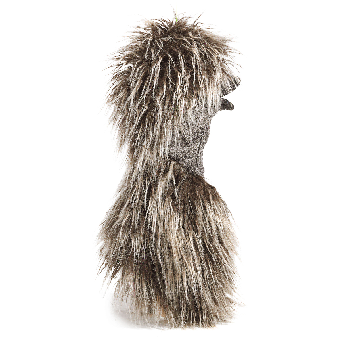 Folkmanis emu hand puppet shown from the side with shaggy brown and beige plumage and a visible beak