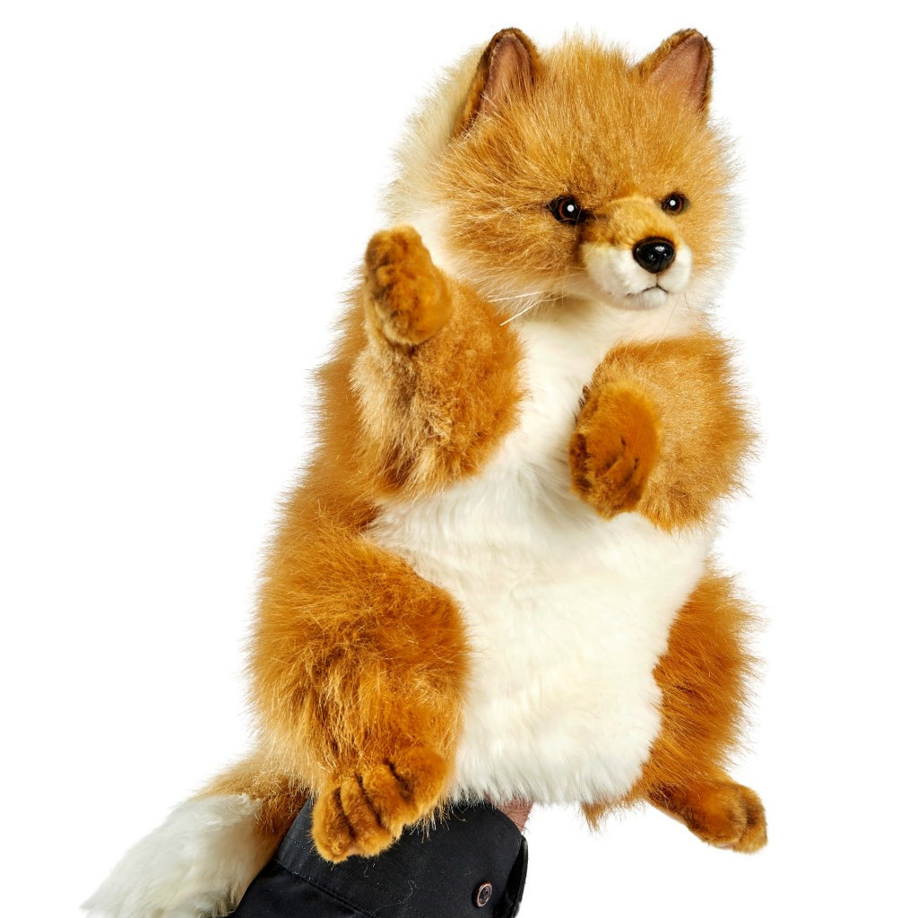 Fox hand puppet by Hansa Creation with orange-red fur, a white chest and a bushy tail