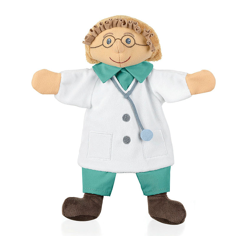 Sterntaler baby hand puppet doctor, white coat with a turquoise collar, stethoscope and round glasses