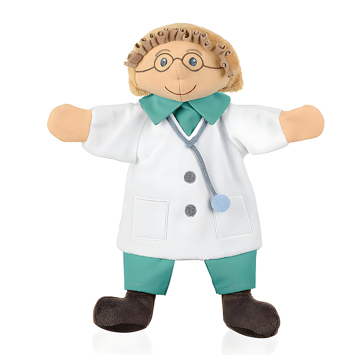 Sterntaler baby hand puppet doctor, white coat with a turquoise collar, stethoscope and round glasses