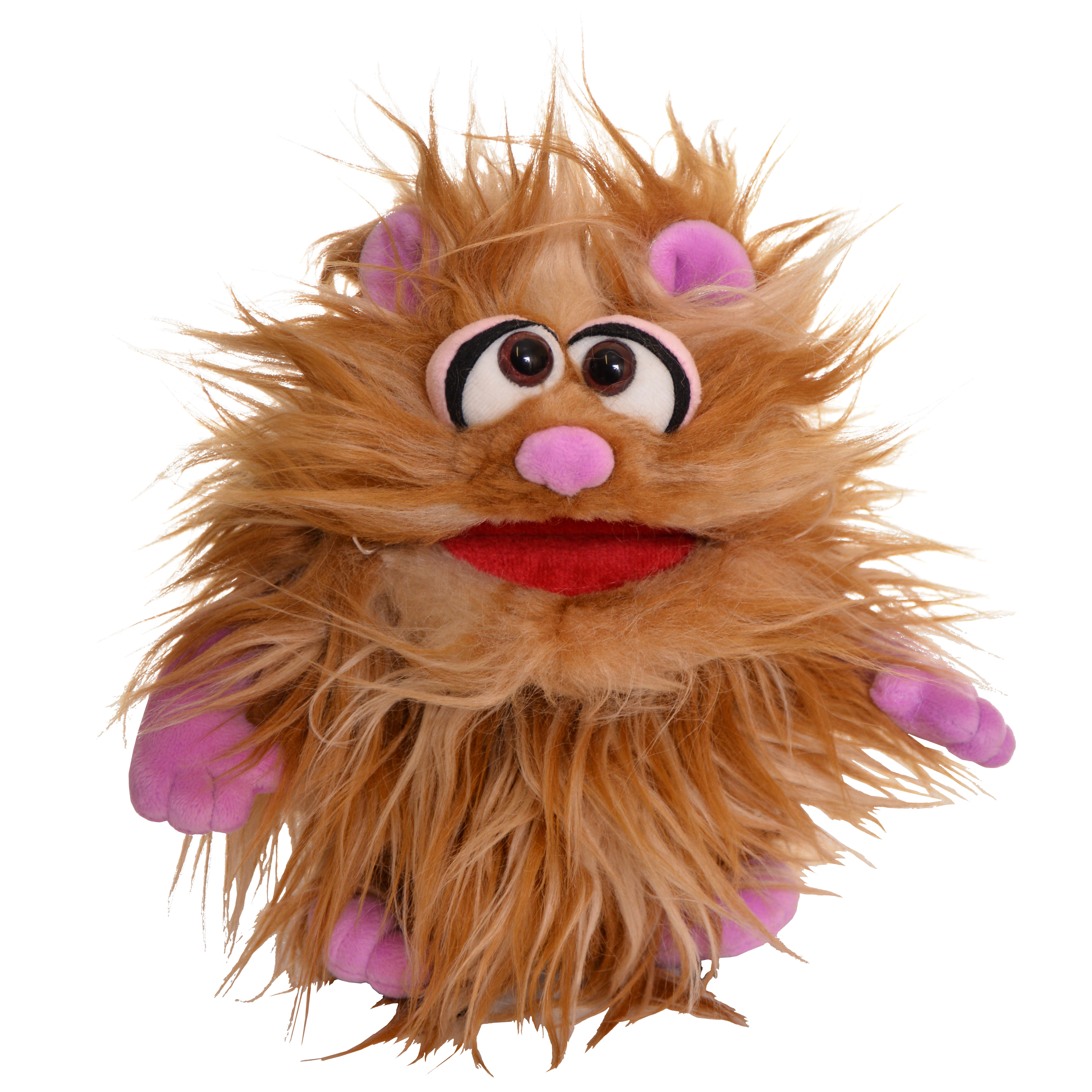 Living Puppets hand puppet Tute from the Monster to go series, light brown shaggy monster with pink ears, nose and hands, front view