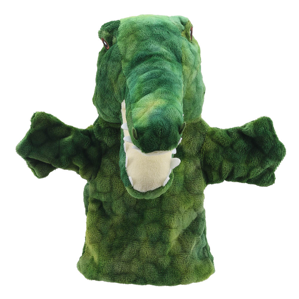 The Puppet Company crocodile hand puppet, green crocodile with a wide open mouth and outstretched arms, front view