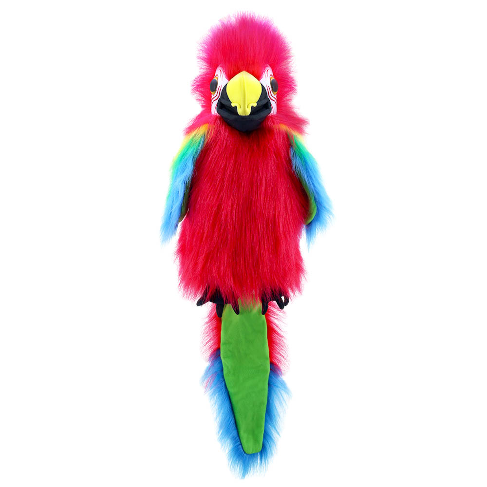 The Puppet Company sound hand puppet Amazon parrot, red, green and blue parrot with a yellow beak, front view