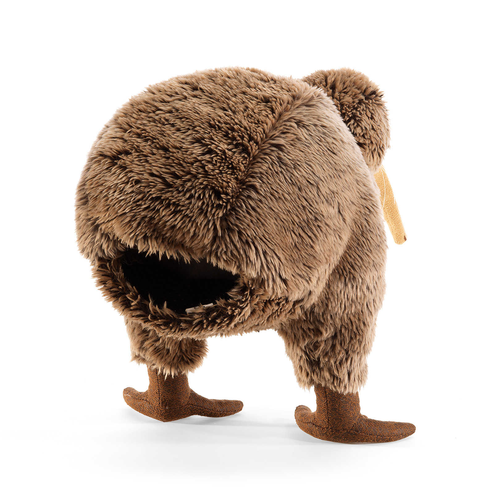 Folkmanis kiwi hand puppet in brown plush, rear three-quarter view showing hand opening, brown feet and short beak