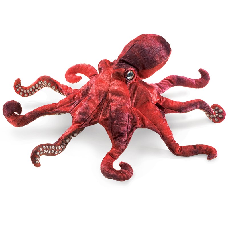 Folkmanis red octopus hand puppet with eight spread tentacles, shimmery silver suckers and a glossy eye, top view