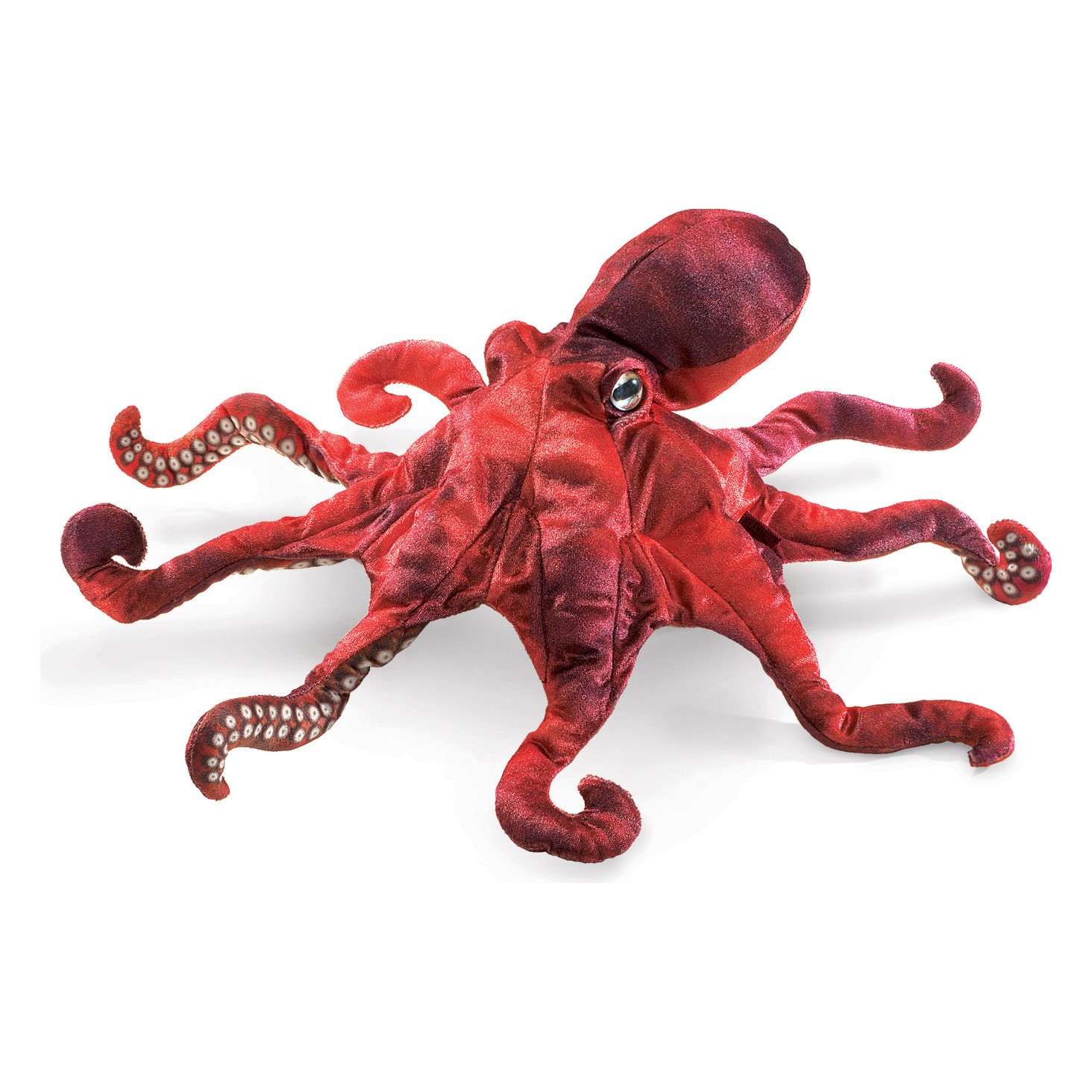 Folkmanis red octopus hand puppet with eight spread tentacles, shimmery silver suckers and a glossy eye, top view