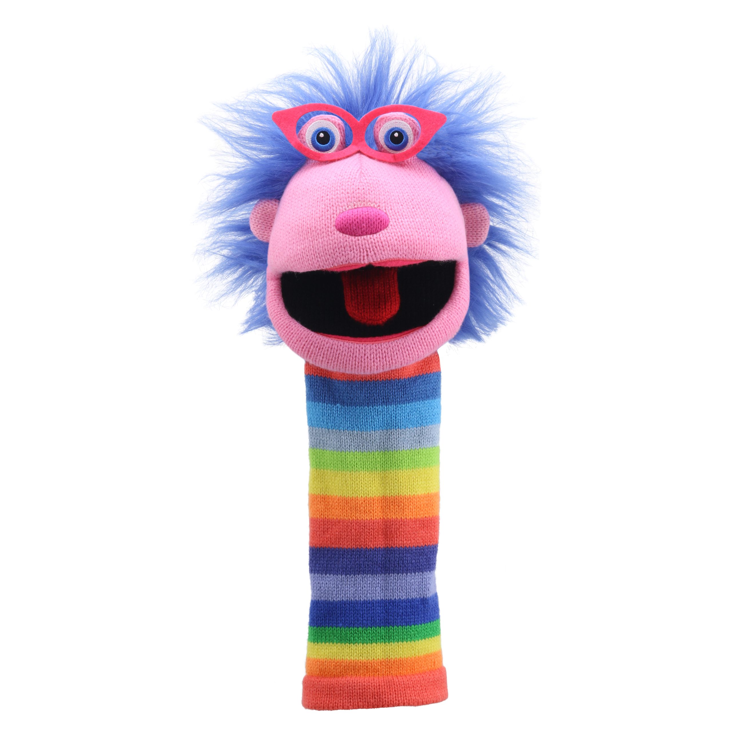 The Puppet Company sock puppet Gloria, pink-faced monster with wild blue hair, glasses and a rainbow-striped body