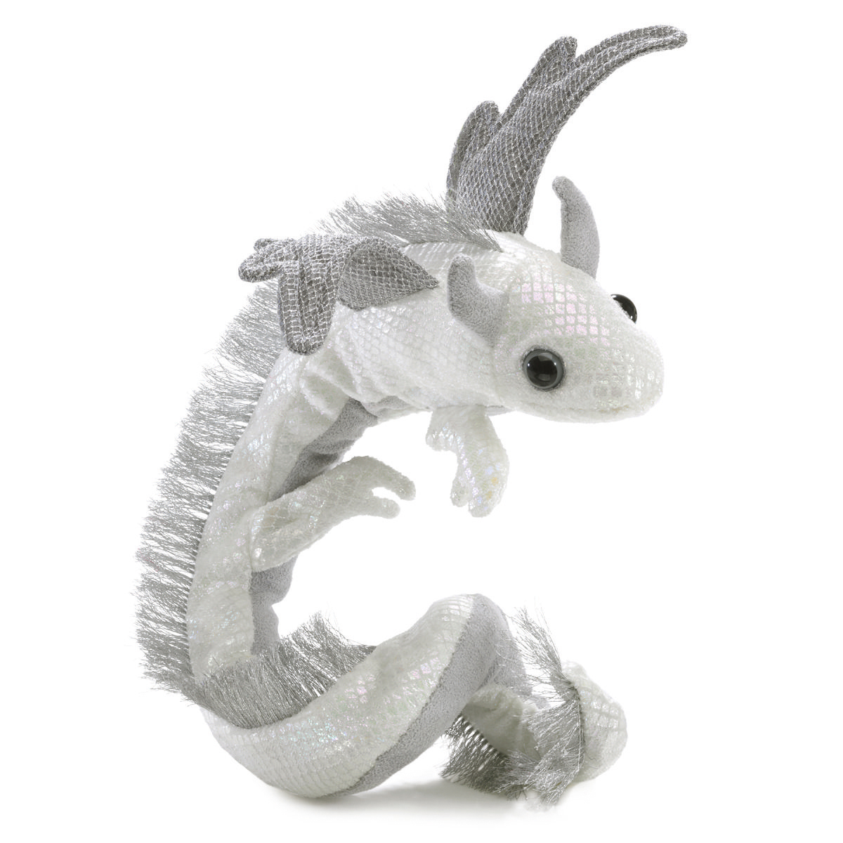 Folkmanis pearl dragon wristlet finger puppet in white and silver with shimmering scales, mane and coiled tail, side view