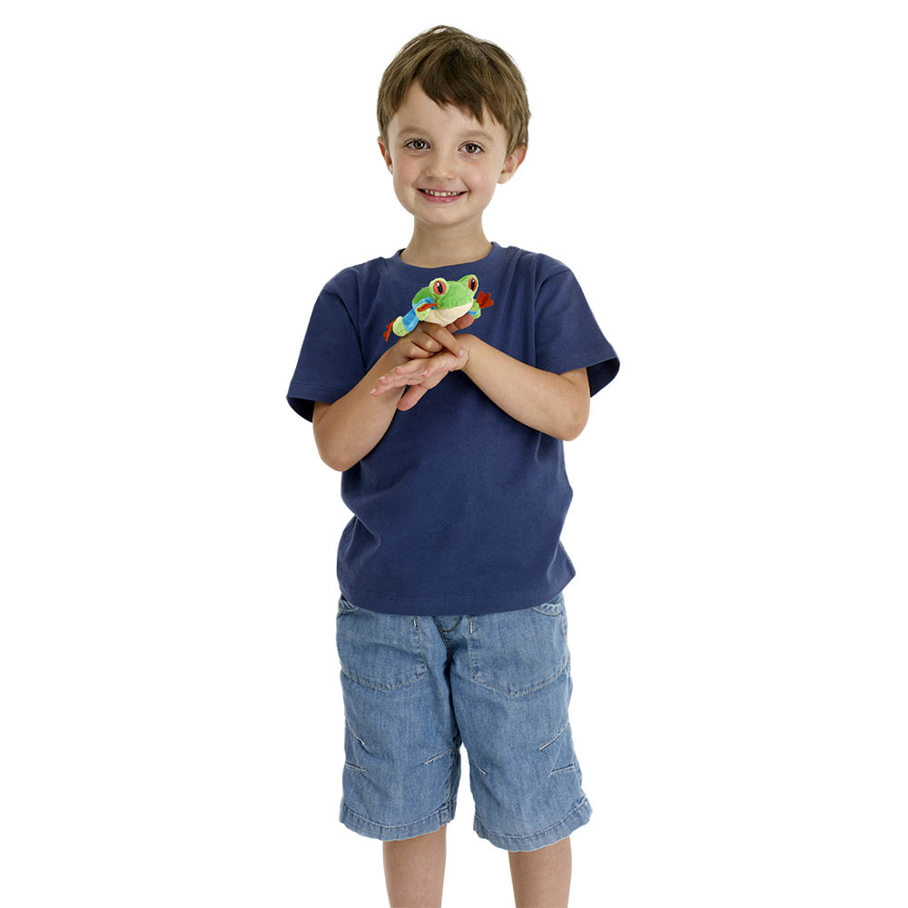 Boy holding the The Puppet Company finger puppet tree frog on his hand, usage example