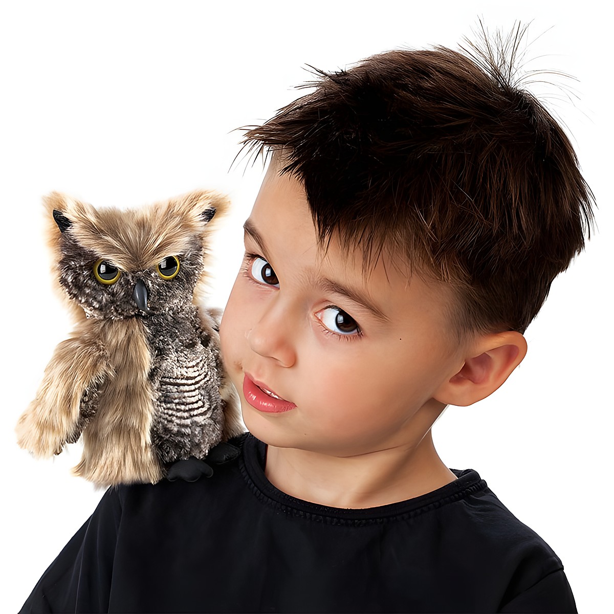 Boy with Folkmanis screech owl hand puppet on his shoulder, brown-grey patterned plumage, yellow eyes