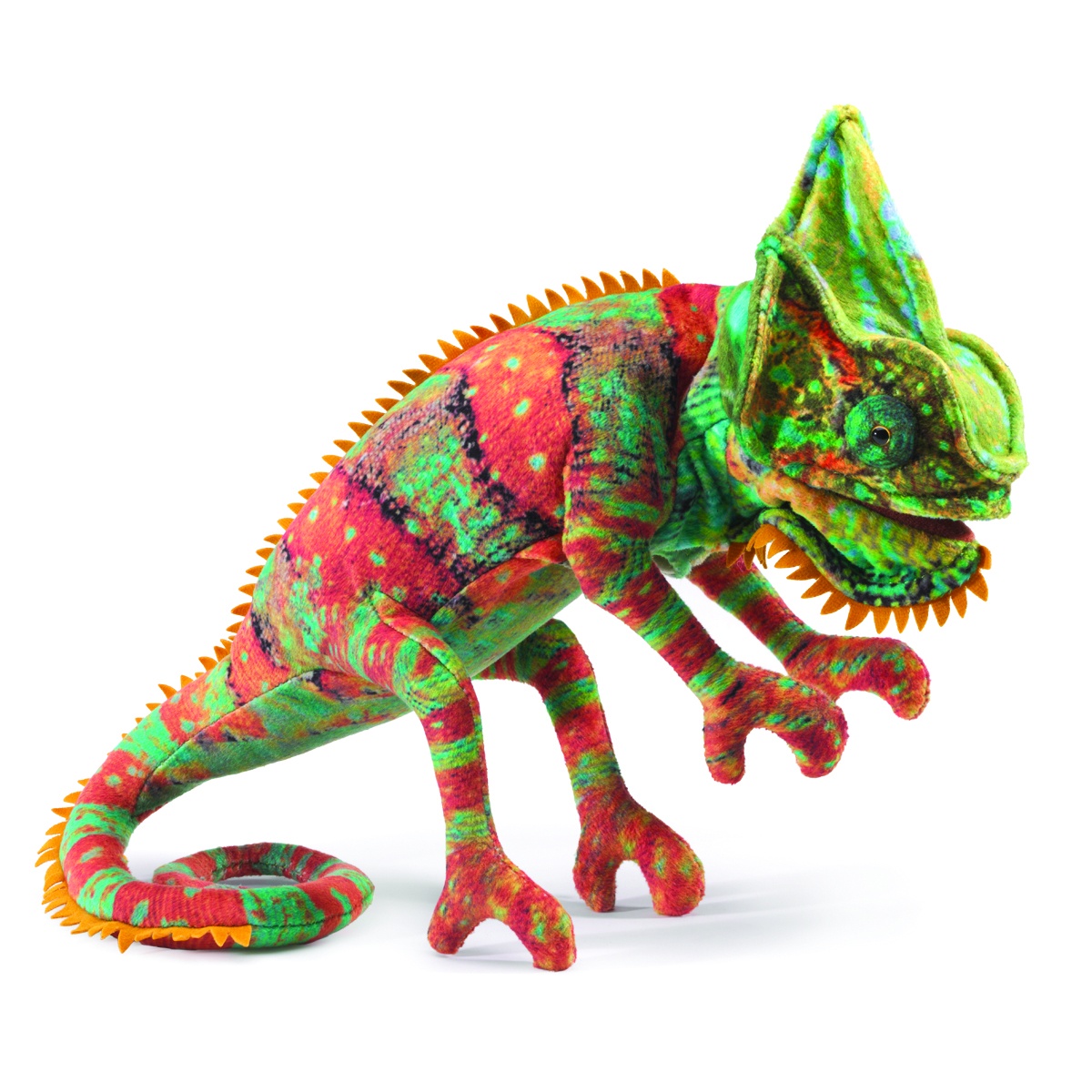 Folkmanis chameleon hand puppet in red and green with an orange dorsal crest, coiled tail and open mouth, side view