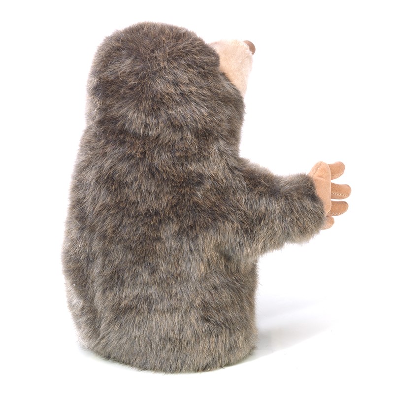 Folkmanis hand puppet small mole shown from the side with grey-brown plush fur and an outstretched digging paw