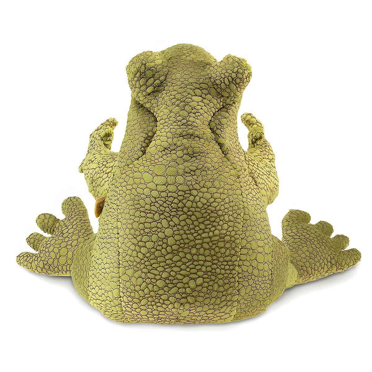 Folkmanis Funny Frog hand puppet in olive green with a textured scale surface, rear view