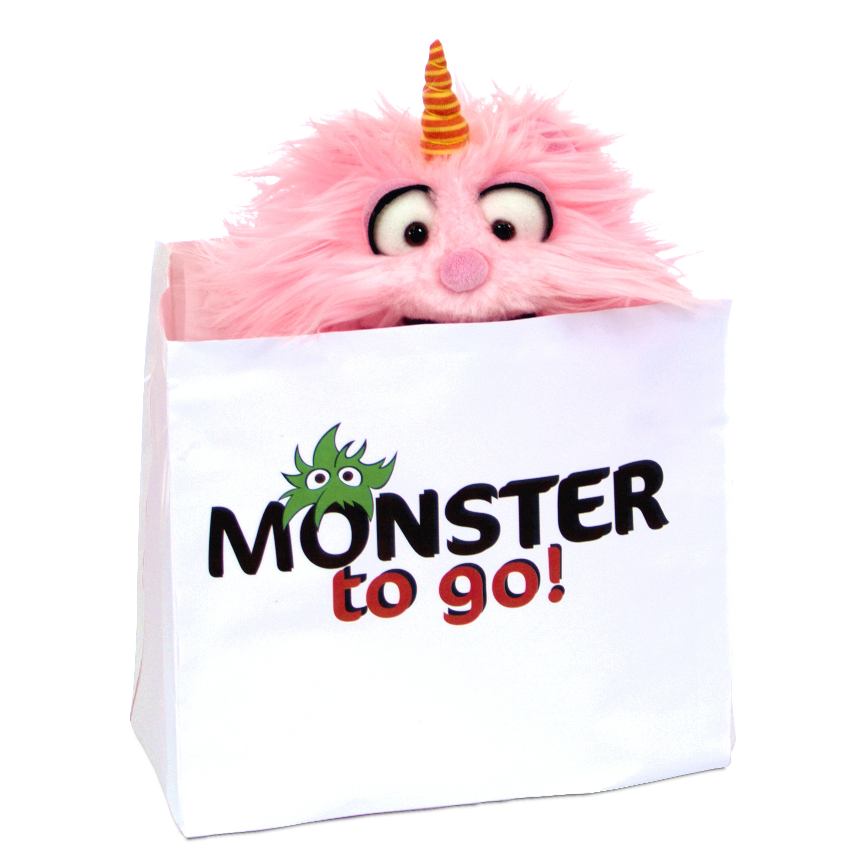 Living Puppets hand puppet Bonsche hiding in the Monster to go carrier bag