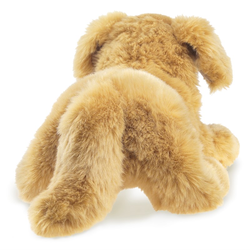 Folkmanis Golden Retriever puppy hand puppet seen from behind, golden-beige plush fur with floppy ears, sitting pose