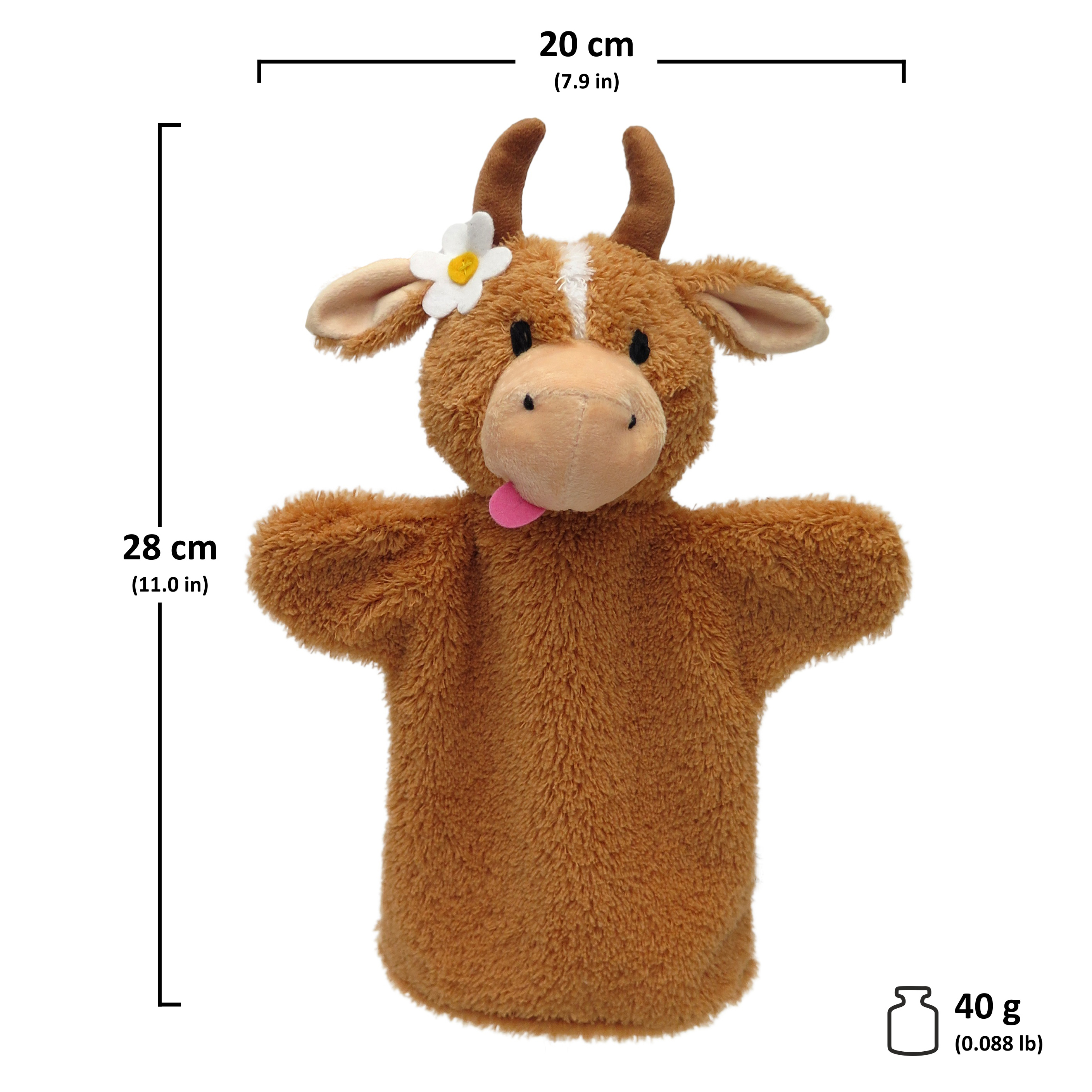 Punch and Judy puppet cow Blume by munabo, brown cow with horns and a flower at the ear, image with size chart