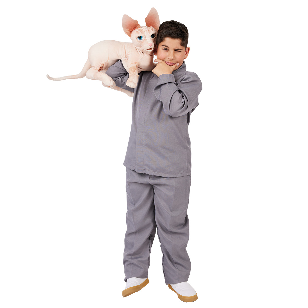 Boy wearing a Folkmanis Sphynx cat hand puppet on his shoulder, skin-coloured plush toy with blue eyes and large ears