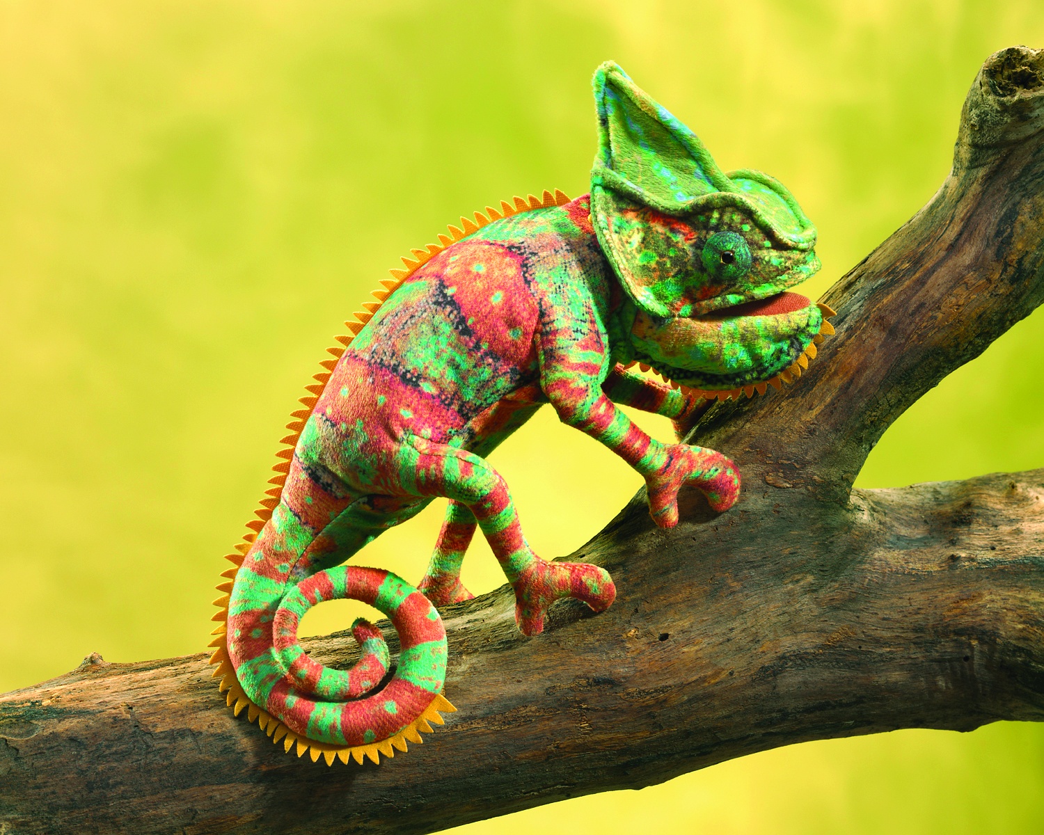 Folkmanis hand puppet small chameleon in red and green with a serrated dorsal crest, positioned on a branch, side view