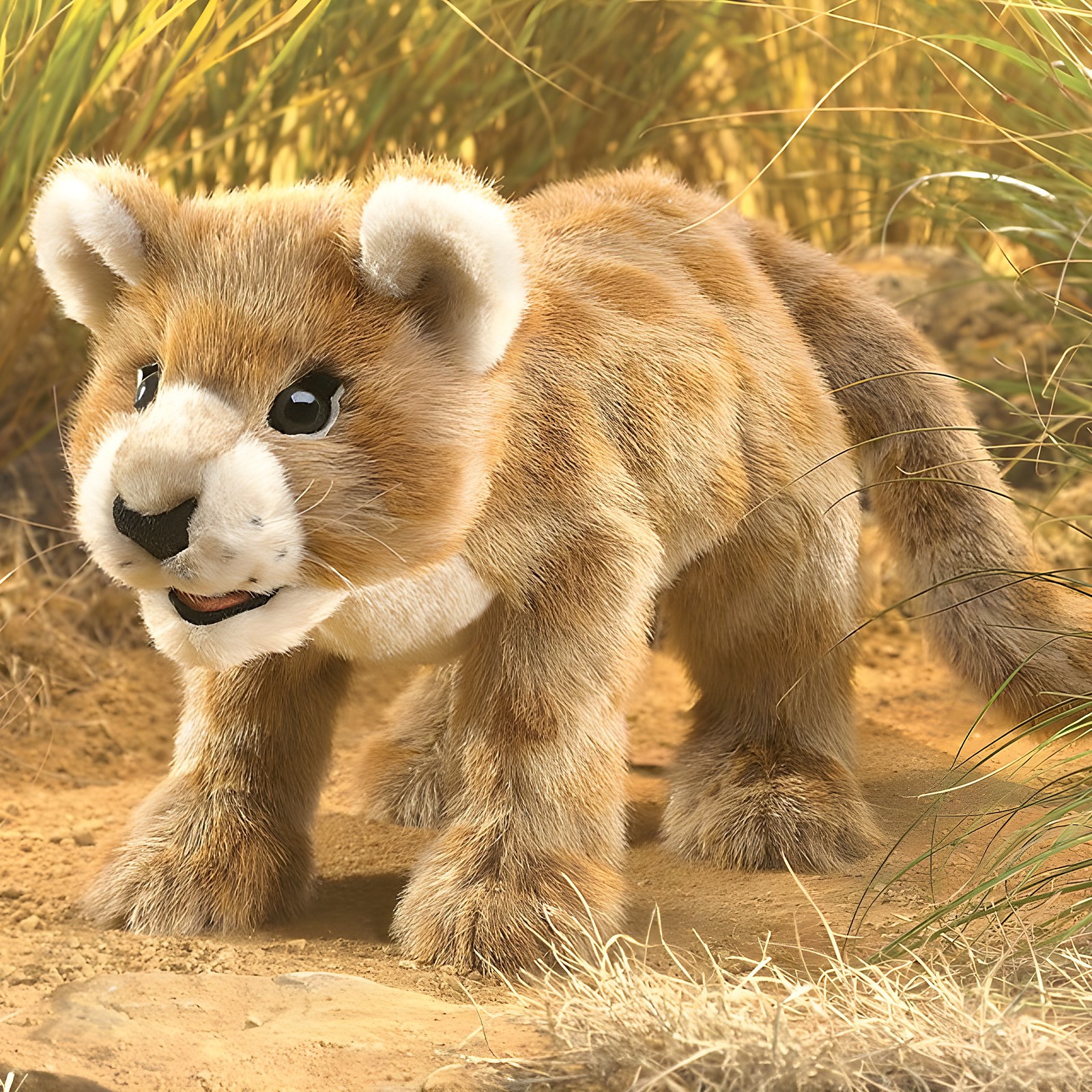 Folkmanis hand puppet lion cub in golden plush, standing, with a light-coloured muzzle area and black eyes, side view