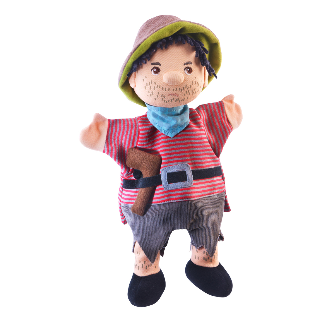 HABA baby hand puppet robber, boy with stubble beard, olive hat, red-and-white striped shirt and ragged trousers