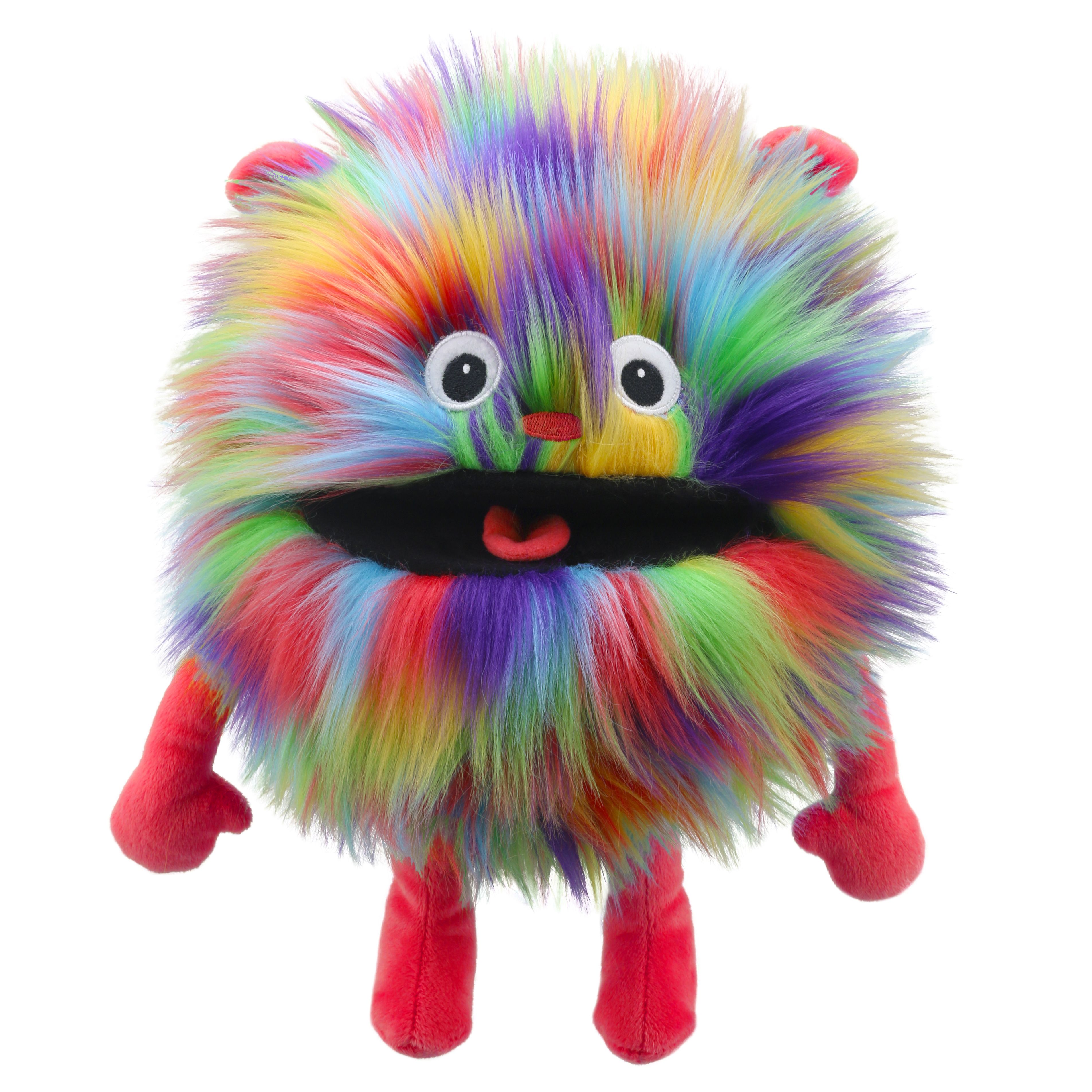 The Puppet Company baby monster hand puppet rainbow, colourful long-haired monster with red hands and feet
